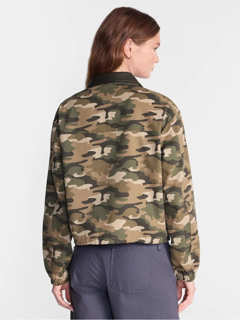 No Boundaries Cotton Twill Barn Jacket with Faux Leather Collar, Women's XXS-4X | Walmart (US)