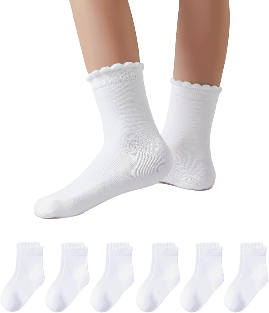 Funjoon 4-10Y Girls Ruffle White Cotton School Uniform Socks Cute Crew Ankle Scallop Dress Socks for Kids 6 Pack | Amazon (US)
