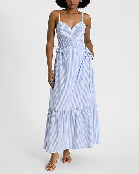 Striped V-Neck Sleeveless Ruched Side Tie Midi Dress | Express