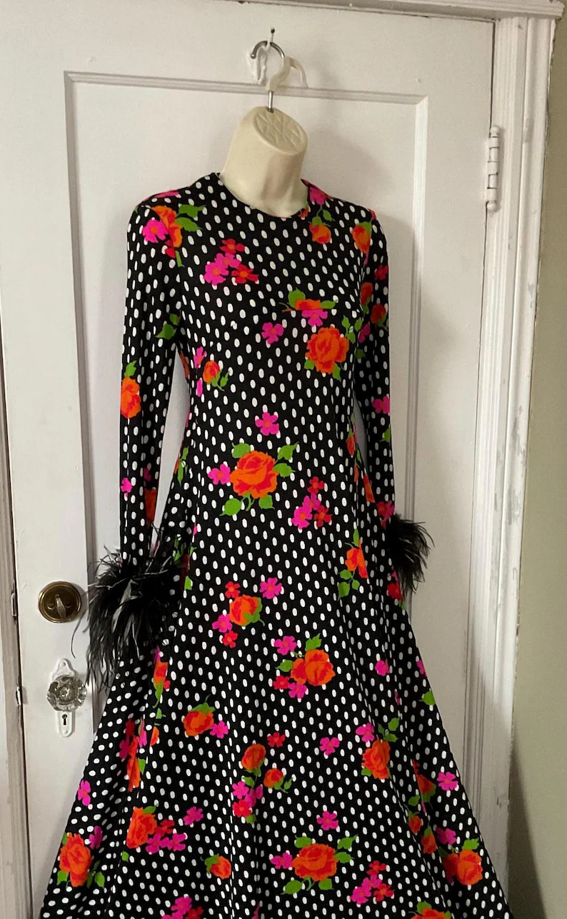 1970s Pat Richards Maxi Dress with Feather Cuffs | Vintage Polka Dot Floral Disco Gown, Jersey Kn... | Etsy (Global)