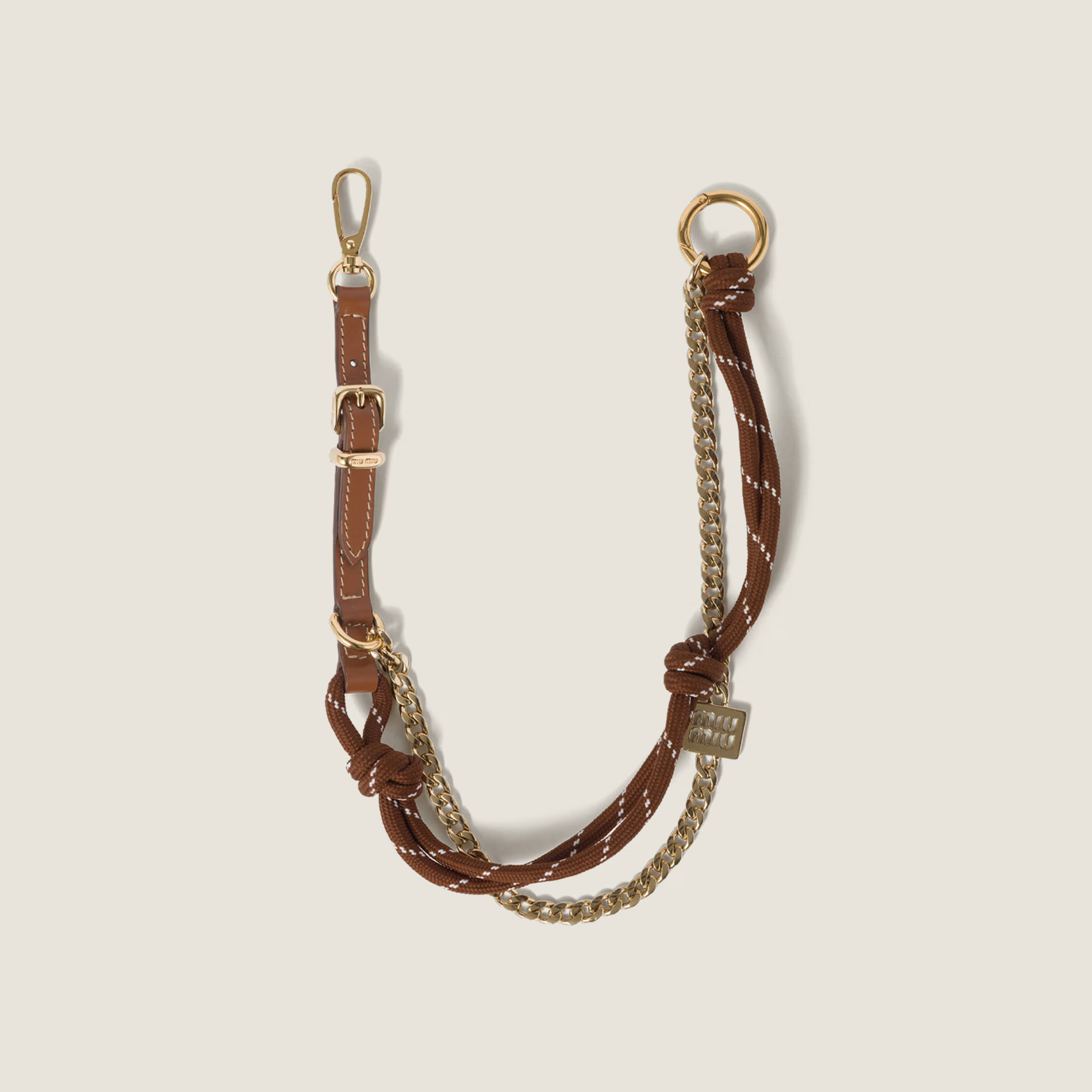 Cognac/tobacco Leather, Cord And Metal Trick Keyring | Miu Miu | Miu Miu UK