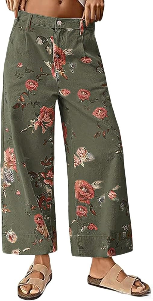 loveimgs Women Mid Rise Cropped Wide Leg Jeans Baggy Floral Ankle Pants Denim Capris Flare Print ... | Amazon (US)