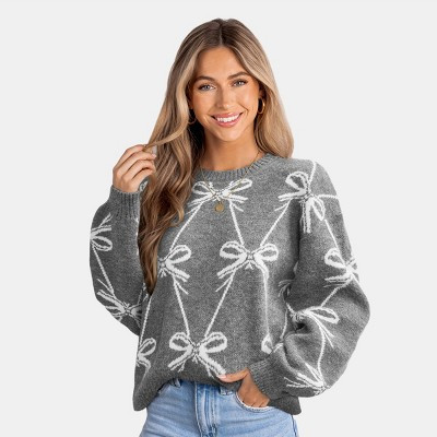Women's Sweet Bow Print Gray Knit Sweater - Cupshe-L-Gray | Target
