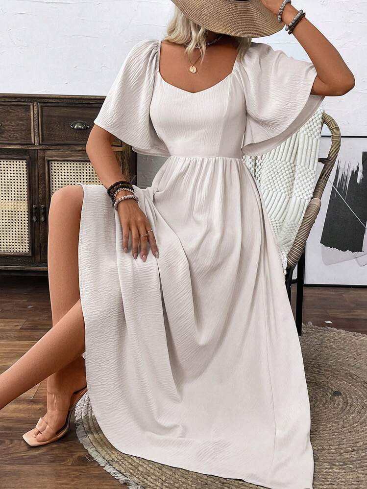 Breezaya Women's Square Neckline Puff Sleeve Backless Dress With Bow Knot Maxi Vacation Beach Outfit | SHEIN