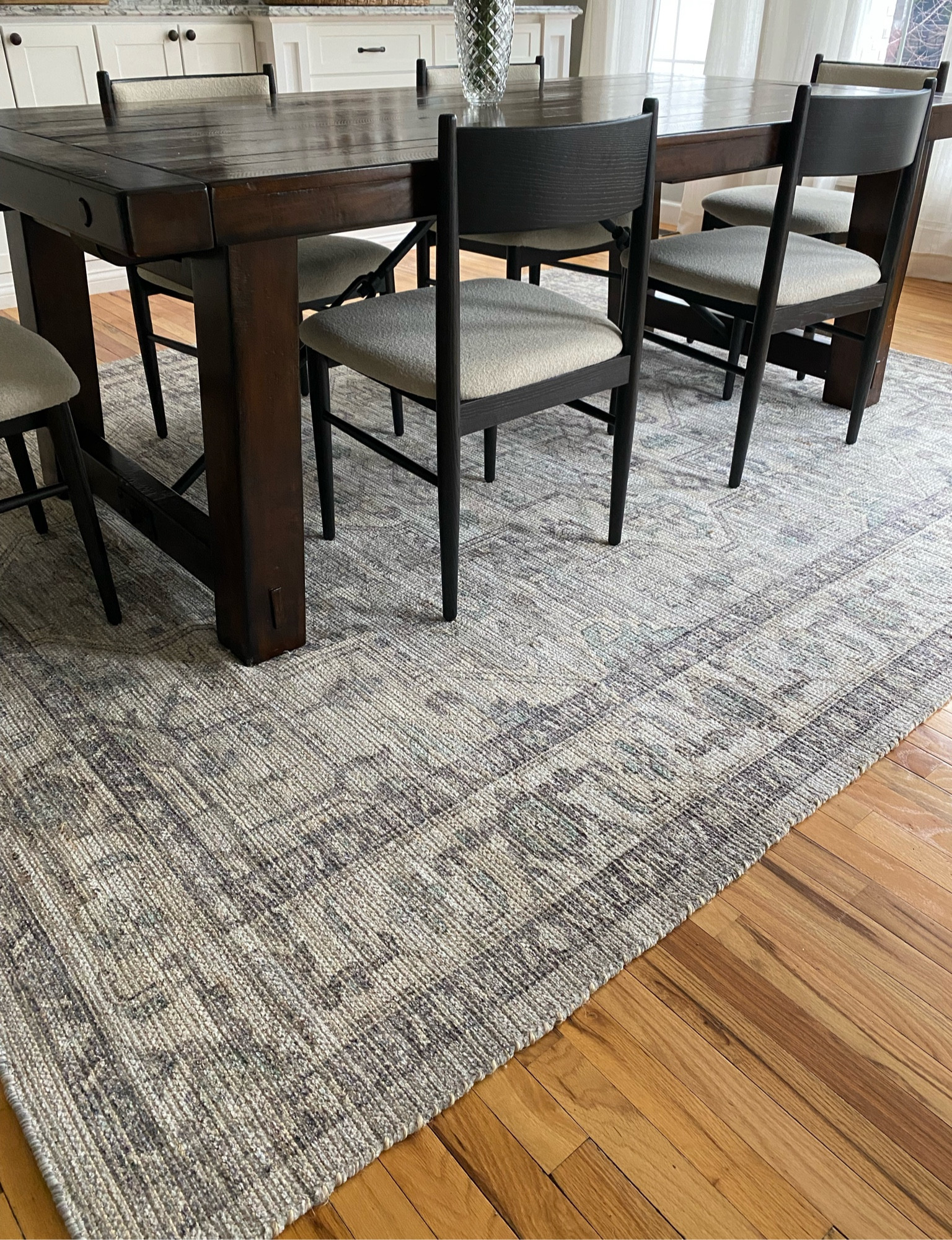 Love this rug ♥️

Dining room area rug.
Dining chairs.
Black dining chairs.
Pottery Barn rugs.
Neutral rug. 

#LTKhome