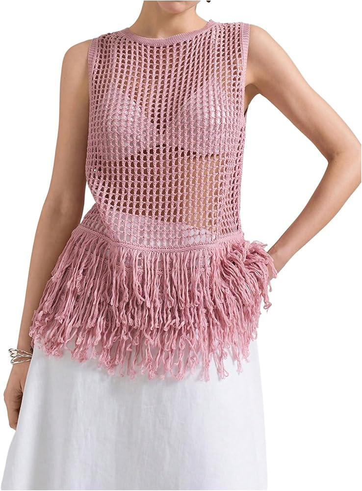 Milumia Women's Hollow Out Fringe Knitted Tank Top Sexy Sheer Sleeveless Long Sweater Vests | Amazon (US)