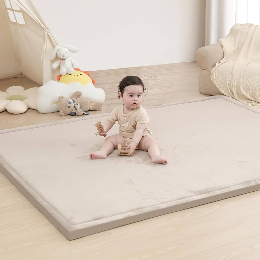 Baby Play Mat for Floor,1.3" Thick Memory Foam Tummy Time Mat,Soft Coral Velvet Nursery Rug,Extra... | Amazon (US)