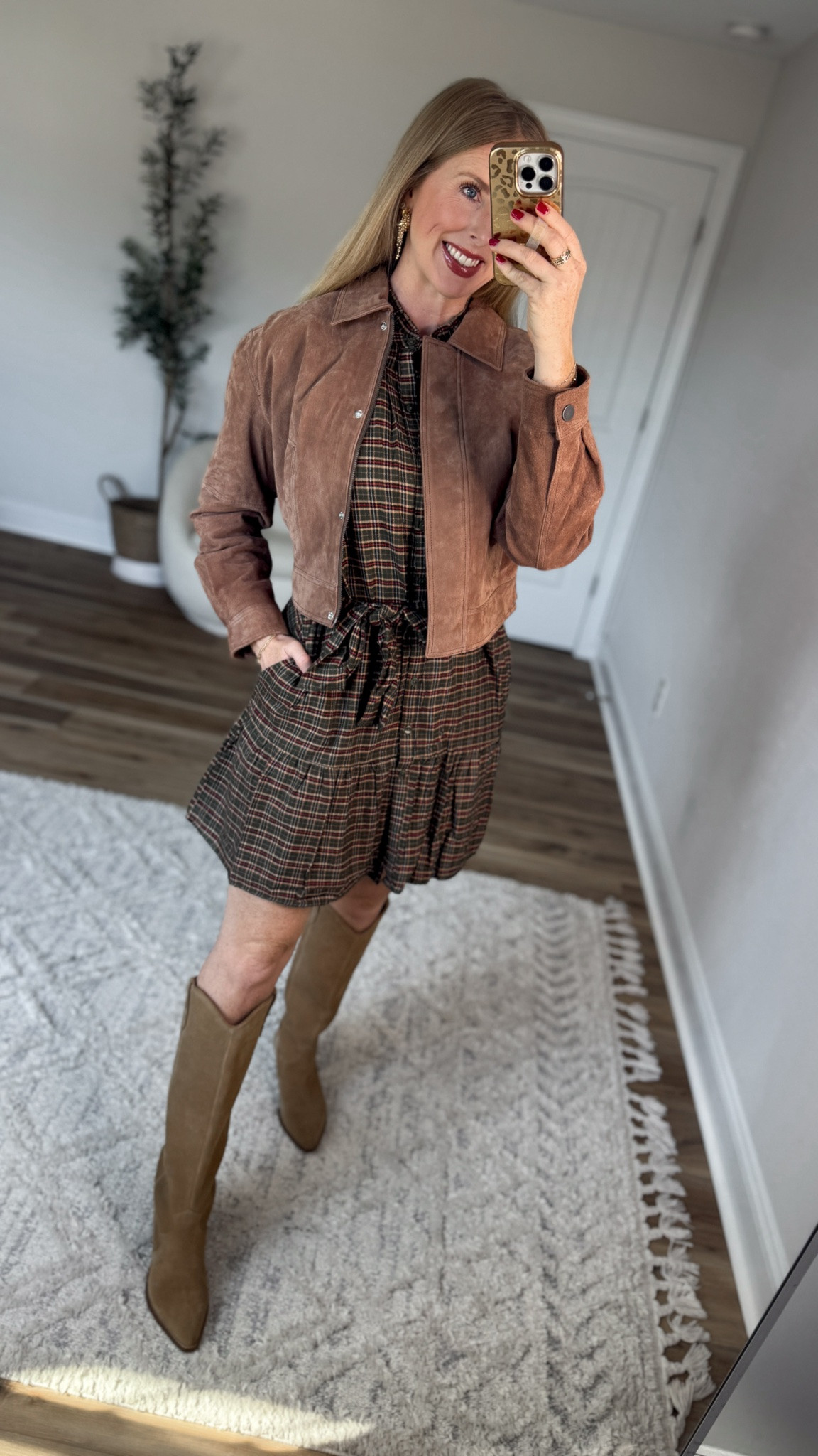 Daily try on, Walmart outfit, Walmart fashion, Walmart try on, suede jacket, plaid dress