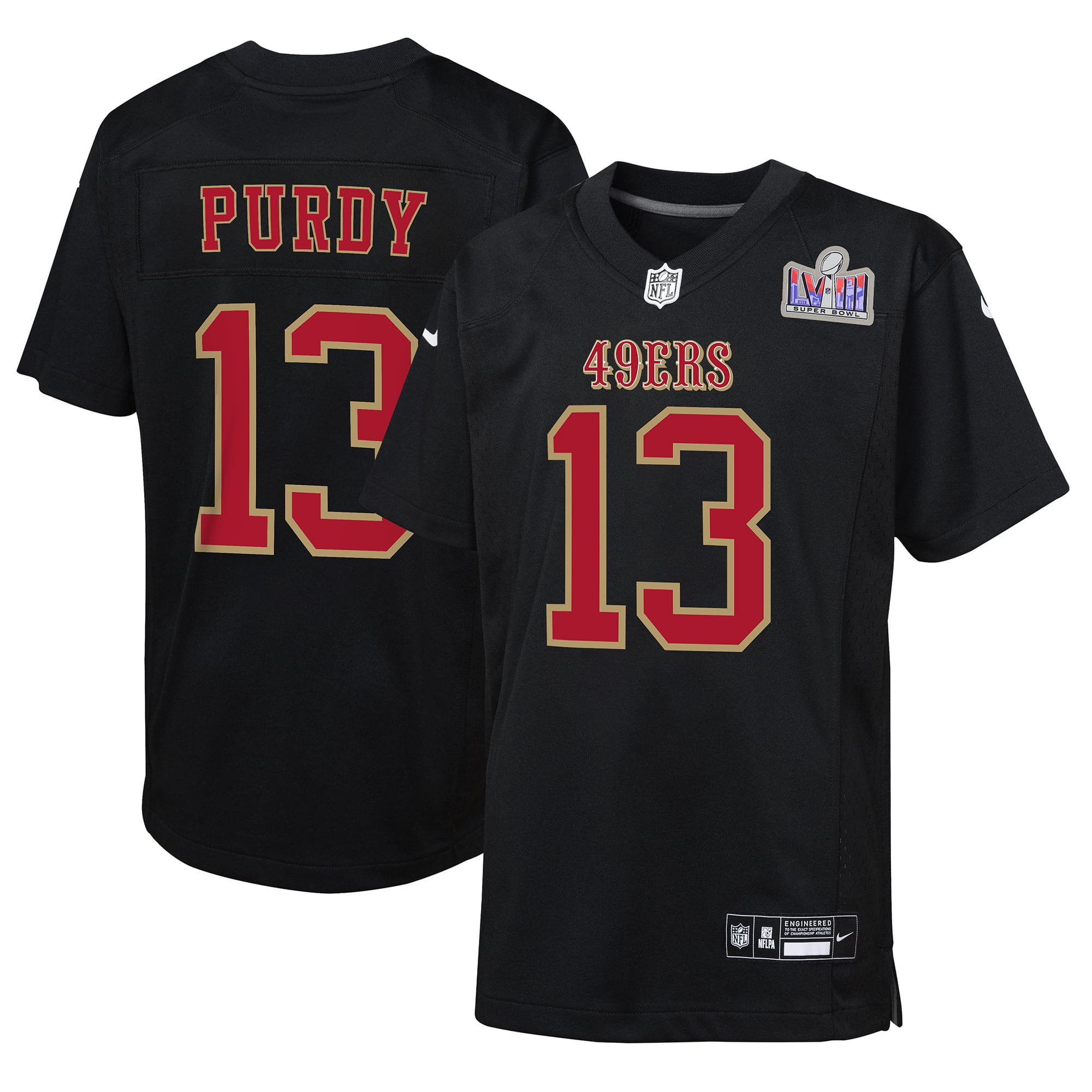 Youth San Francisco 49ers Brock Purdy Nike Black Super Bowl LVIII Patch Carbon Fashion Game Jerse... | NFL Shop