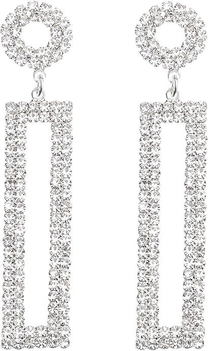 Rhinestone Long Drop Earrings Statement Rectangle Dangle with Circle Studs Fashion Jewelry | Amazon (US)