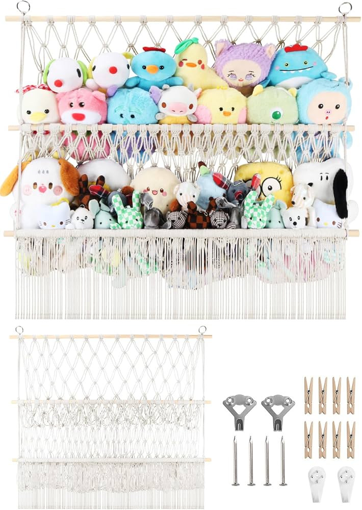 2 Tier Stuffed Animal Storage Shelf Net, 35x30'' Large Plushie Net w/ 2.4/1'' Dense Mesh for Mini... | Amazon (US)