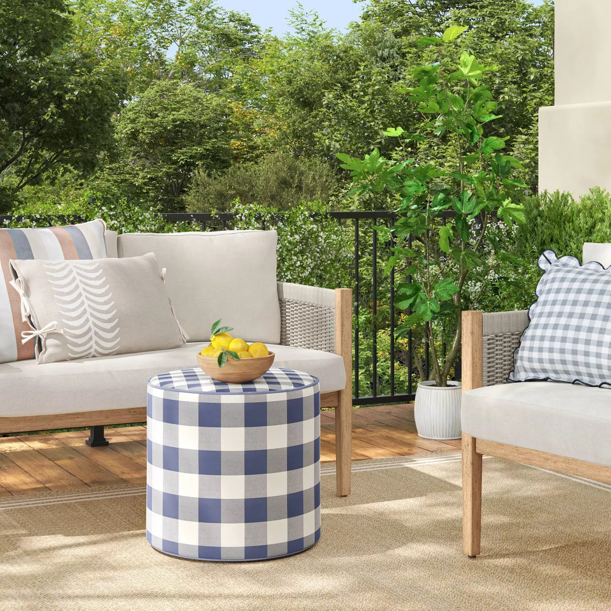 20"x18" Plaid Round Outdoor Patio Poufs Blue - Threshold™ designed with Studio McGee | Target