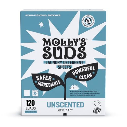 Molly’s Suds Laundry Detergent Sheets | Gentle on Sensitive Skin, Powerful Bio-Based Enzymes, Stain-Fighting | Liquidless & Plastic-Free Packaging | 120 Loads (Unscented) | Amazon (US)
