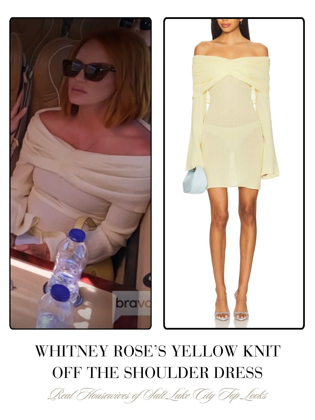 Whitney Rose’s Yellow Off the Shoulder Knit Dress on the Real Housewives of Salt Lake City Season 6 Finale 
