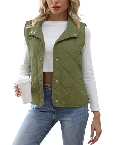 PEKMRMN Army Green Quilted Vest for Women Lightweight Sleevesless Stand Collar Button Down Fall Winter Outerwear Vests with Pockets (L) | Amazon (US)