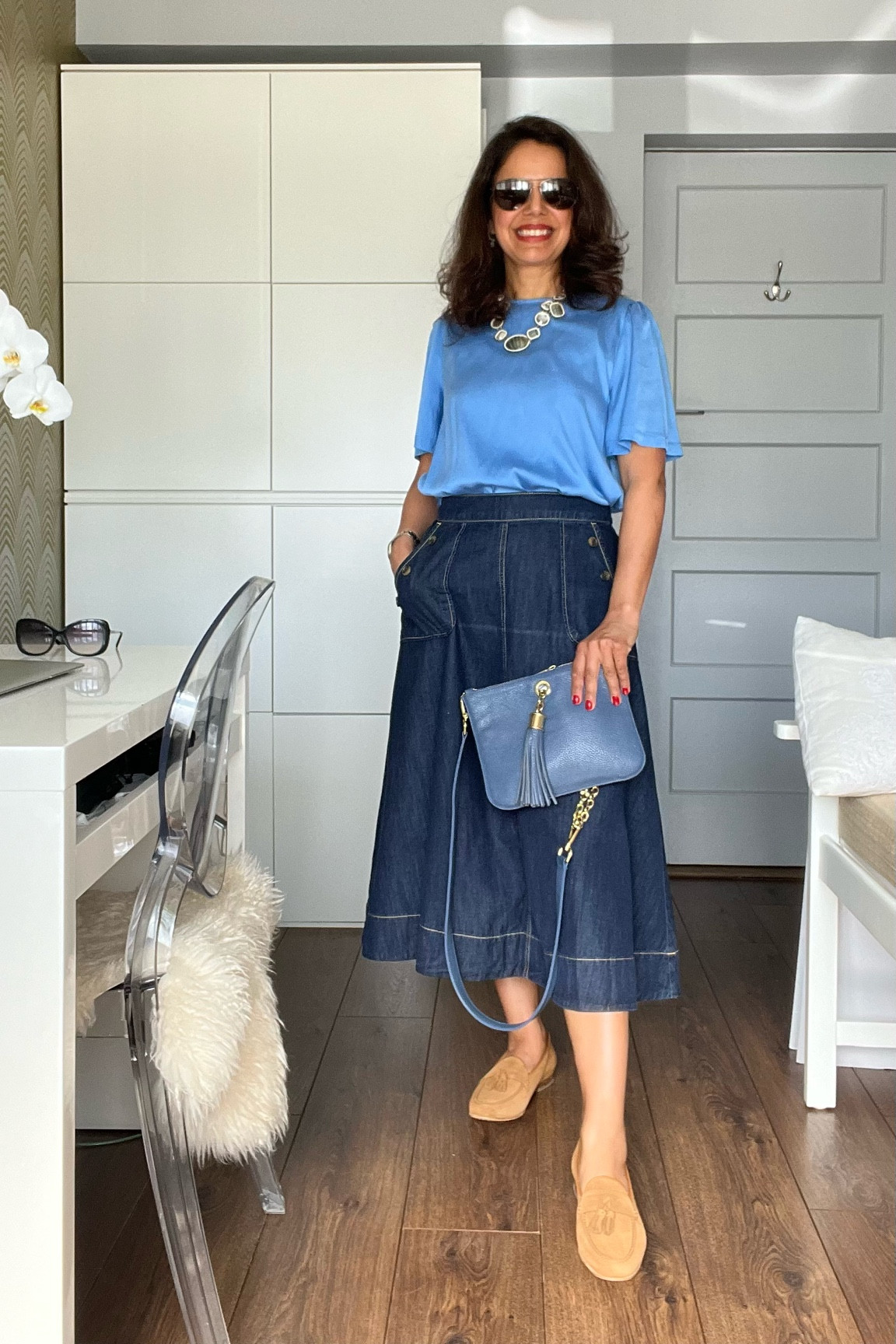 Sezane, Monsoon.

Size down on the top, skirt true to sizee

Spring skirt, bags, belts, relaxed Sunday outfit,  petite fashion, jean skirt, workwear fashion, Denim skirt, midi skirt, flat shoes, loafers, brown loafers, blue top, transitional outfit, transitional style, spring outfit ideas, spring fashion.

#LTKeurope #LTKstyletip #LTKspring