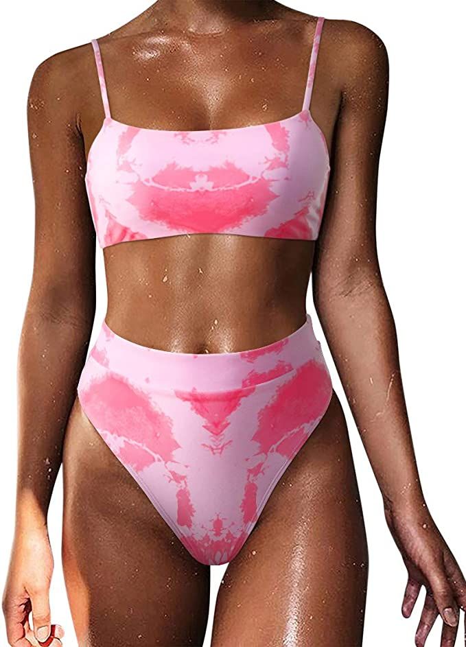 MOSHENGQI Women High Wasited Bikini Shoulder Strap 2 Piece High Cut String Swimsuits | Amazon (US)