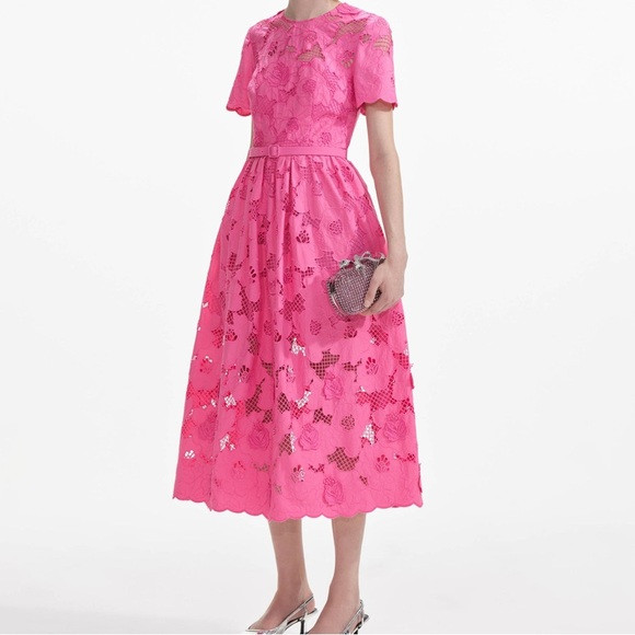 New! Self-Portrait Hot Pink Floral Lace Midi Dress | Poshmark