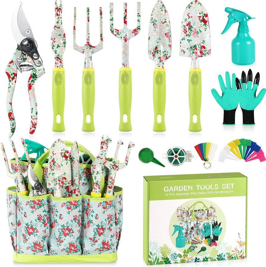 Gardening Tool Set - 13 PCS Heavy Duty Aluminum Gardening Tools Kit Floral Print Garden Tool Set wit | Amazon (US)