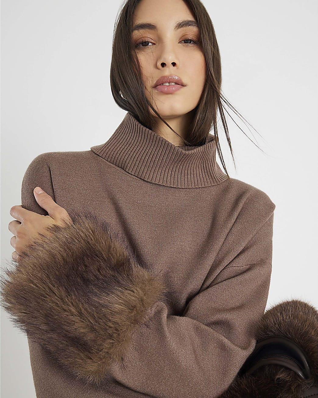 Brown Knitted Faux Fur Cuff Jumper | River Island UK & IE