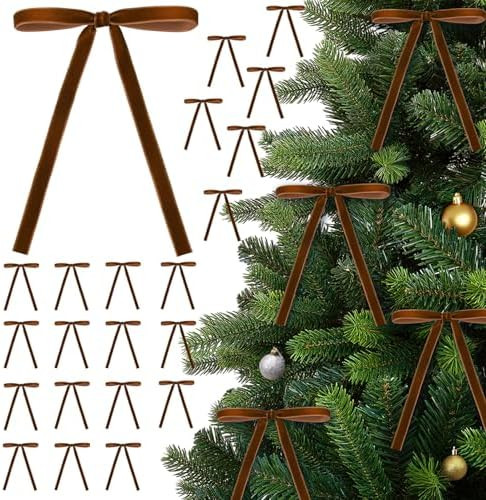 24 Pcs Brown Velvet Christmas Bows, 5x7 Inch Small Vintage Pre-Tied Ribbon Bows (3/8" Wide) for T... | Amazon (US)