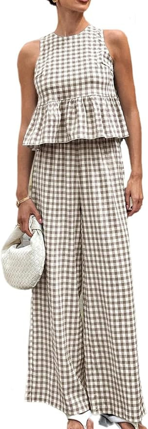 Womens 2 Piece Gingham Plaid Set Sleeveless Ruffle Tank Top Wide Leg Pants Summer Matching Lounge... | Amazon (US)
