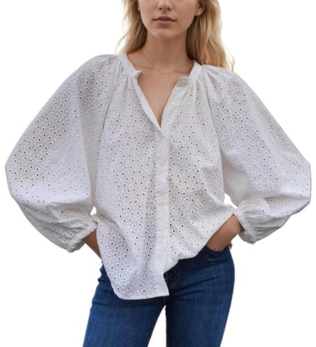 Women's Hollow Out Lace Eyelet Embroidered Blouse Oversized Button Down Shirts Lantern Long Sleeve Loose Tunic Tops White | Amazon (US)
