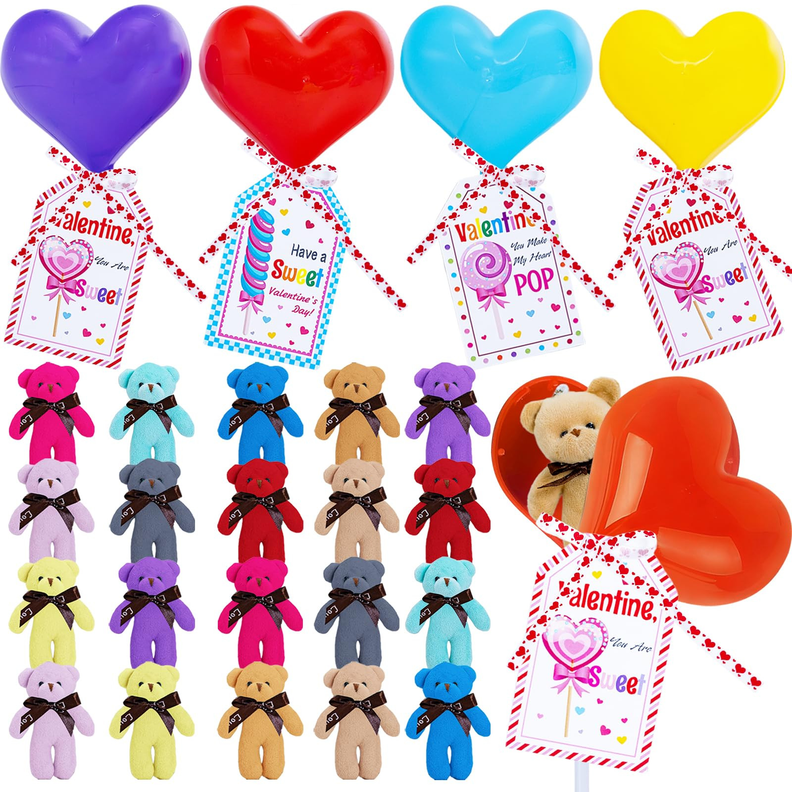 Yxwomenxy Valentines Day Gifts for Kids Classroom, 20 Packs Giant Heart-Shaped Lollipop Plush Bear Valentines Day Stuffed Animals, Valentines Gifts Classroom School Exchange Party Favors | Amazon (US)
