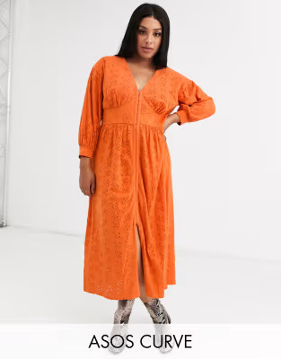 ASOS DESIGN Curve broderie midi dress with hook and eye in orange | ASOS (Global)