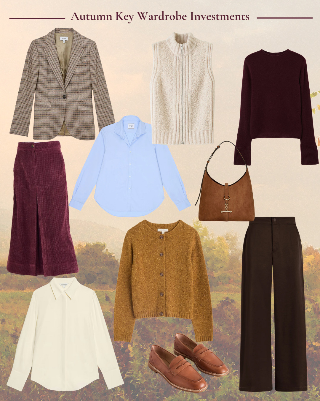 Autumn first look key investment pieces. Including soft tweed jacket, burgundy cashmere, chocolate wide leg trousers and tan accessories 

 #LTKuk #LTKautumn #LTKover50style