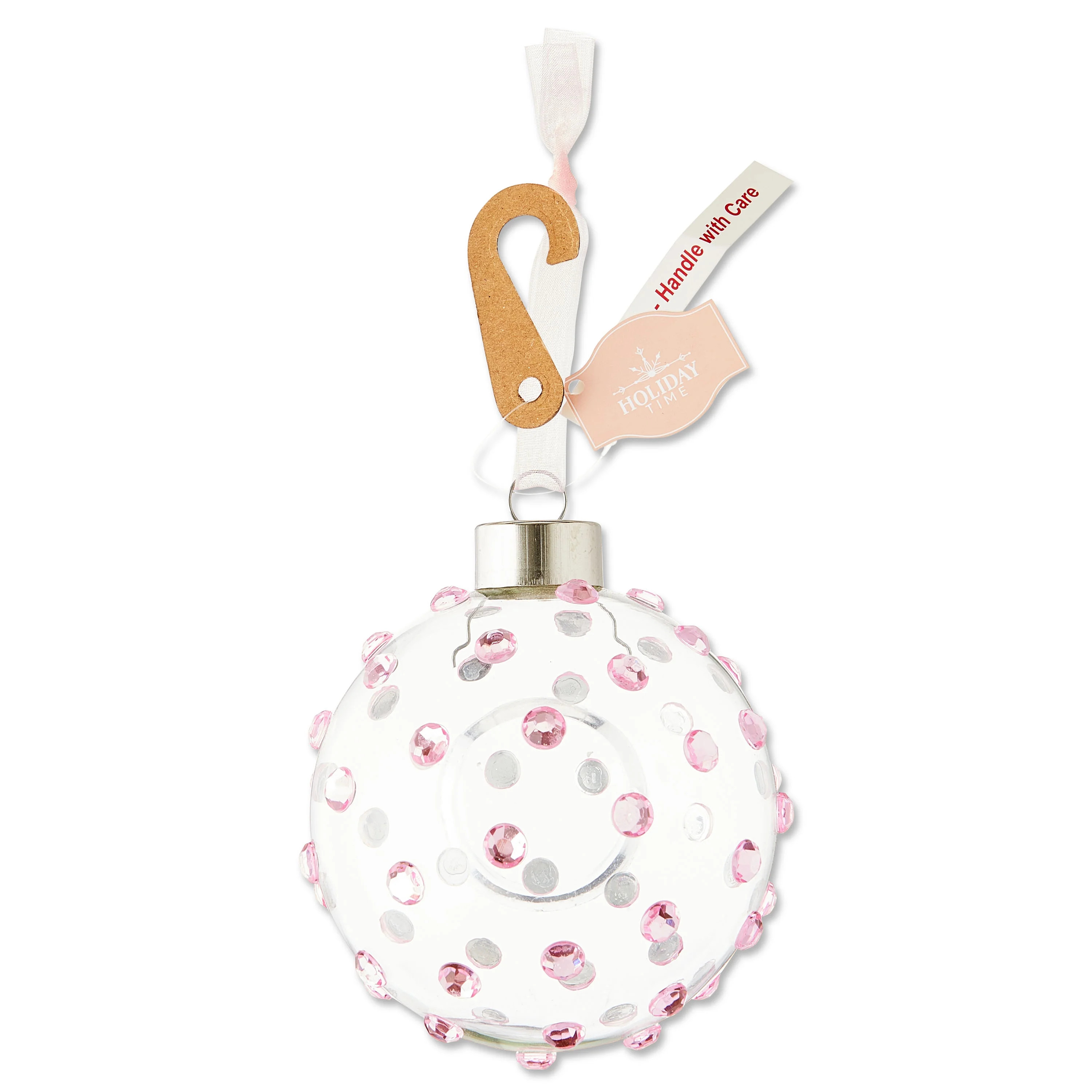 Clear with Pink Gem Glass Ball Christmas Ornament, 4", by Holiday Time | Walmart (US)
