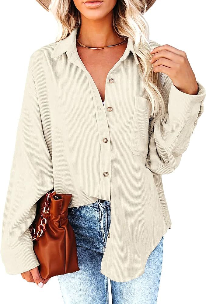 wkwmrpet Womens Corduroy Button Down Shirts Boyfriend Long Sleeve Oversized Jacket Tops | Amazon (CA)