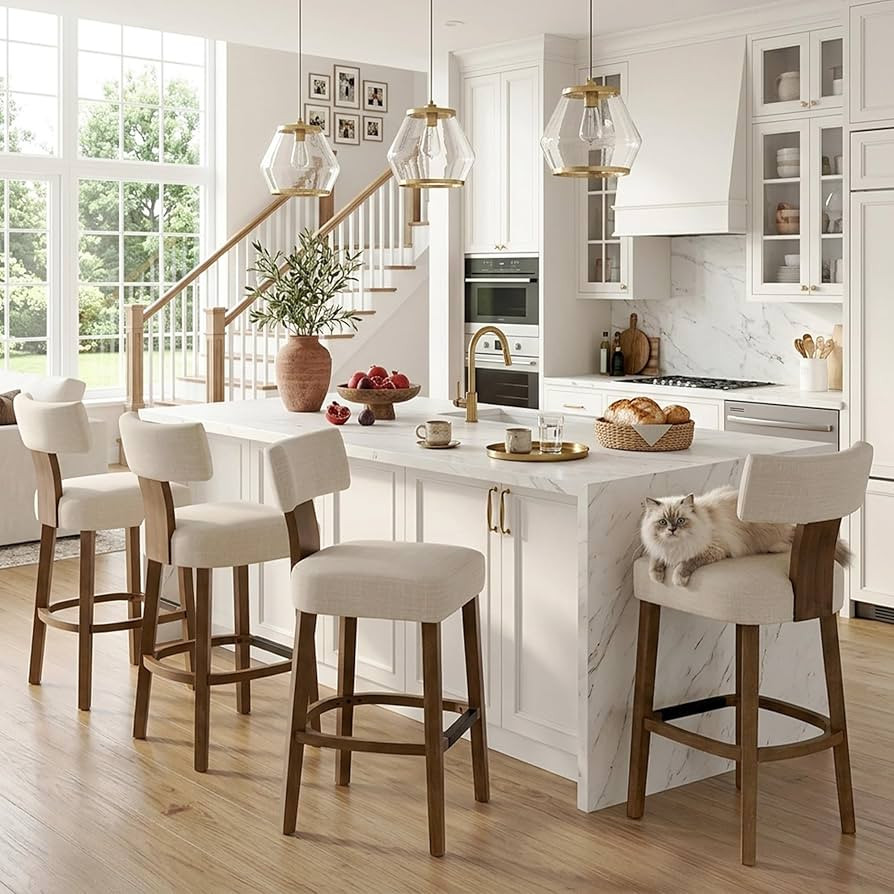 26\u2019\u2019 Farmhouse Bar Stools Set of 4, Linen Upholstered Counter Height Barstools with Bac... | Amazon (US)