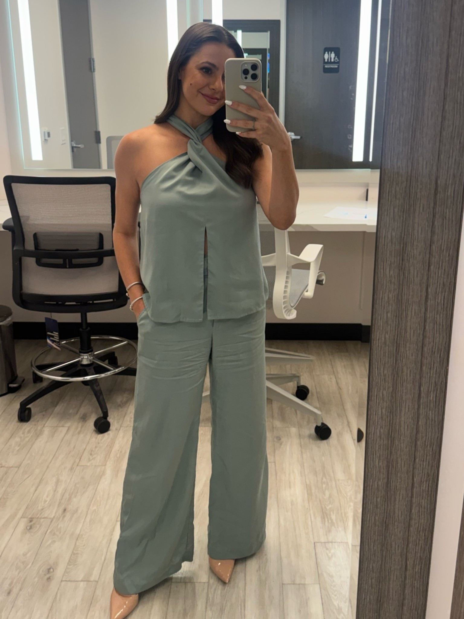 Dusty teal halter top and pant set 
also on RTR!

#LTKootd #LTKWorkwear #LTKgrwm