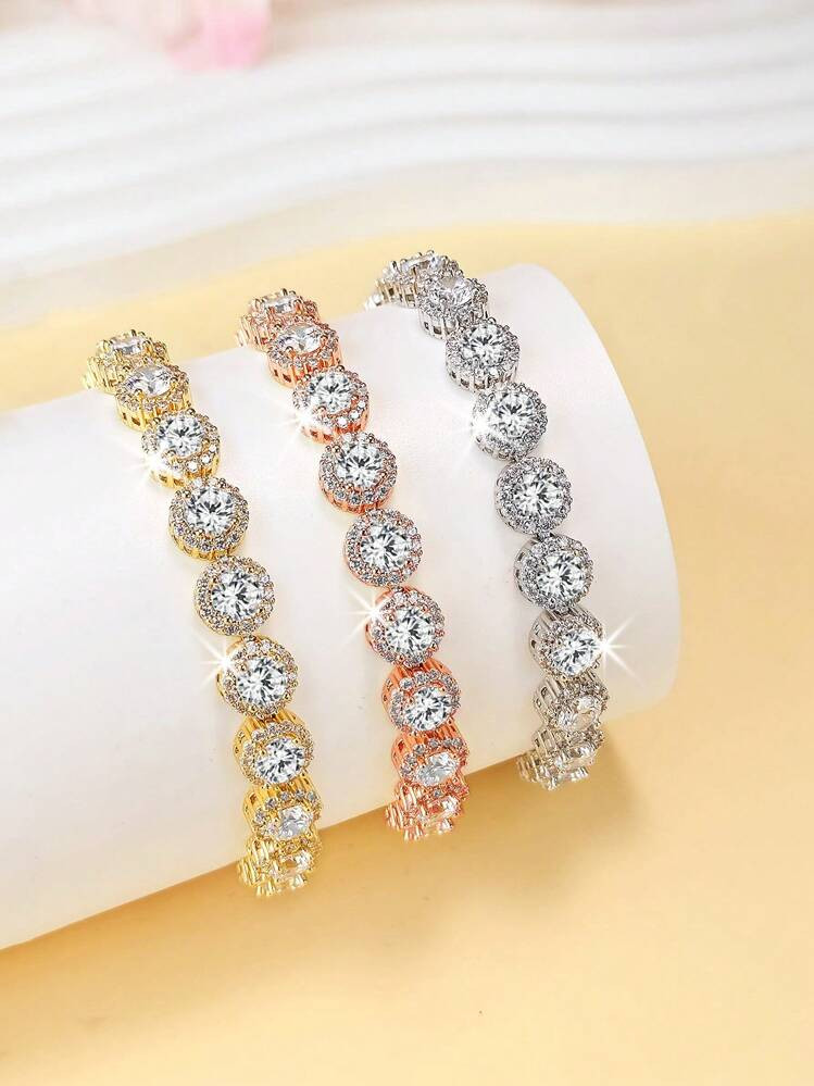 1pc Fashionable Minimalist Classic Tennis Cubic Zirconia Copper Plated Golden Bracelet, Unisex, S... | SHEIN