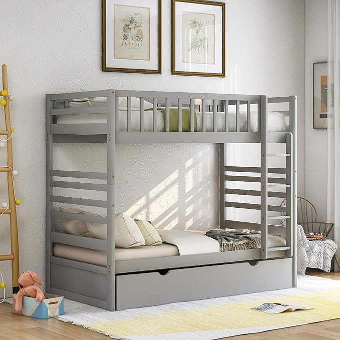 Merax Twin Over Twin Bunk Bed with Trundle Solid Wood Bunk Beds for Kids, Trundle Bed Twin Size (... | Amazon (US)