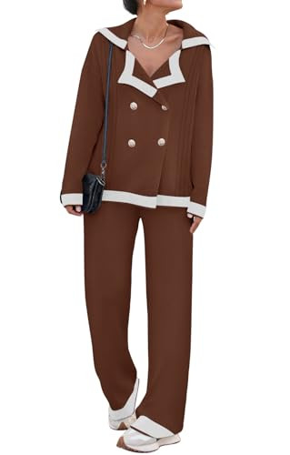 Travel Outfits for Women Long Sleeve Button Down Sweater Tops Wide Leg Casual Pants Two Piece Brown Knit Tracksuit L | Amazon (US)