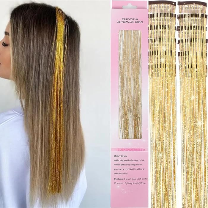 Hair Tinsel 12 Pcs Clip in Hair Tinsel Kit for Girls 22 Inch Glitter Fairy Tinsel Hair Extensions... | Amazon (US)