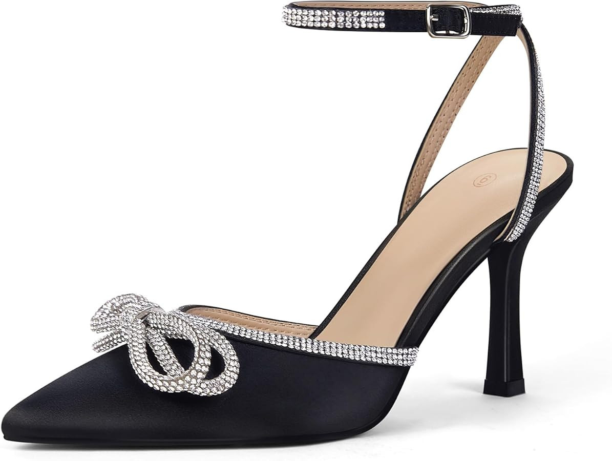 VETASTE Women's Double Bow Pointed Toe Ankle Strap Crystal Pumps Wedding Bridal Party Stilettos B... | Amazon (US)