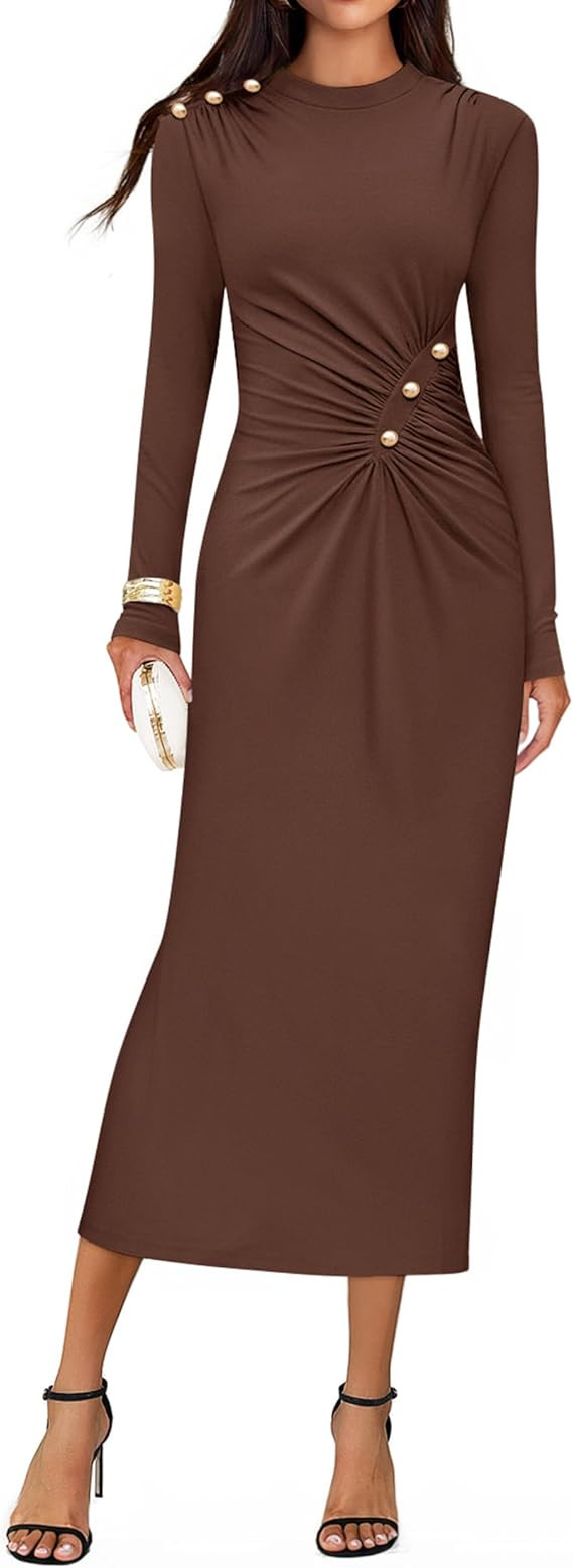 ZESICA Womens 2026 Fall Long Sleeve Mock Neck Bodycon Midi Dress Ruched Knit Elegant Party Cockta... | Amazon (US)