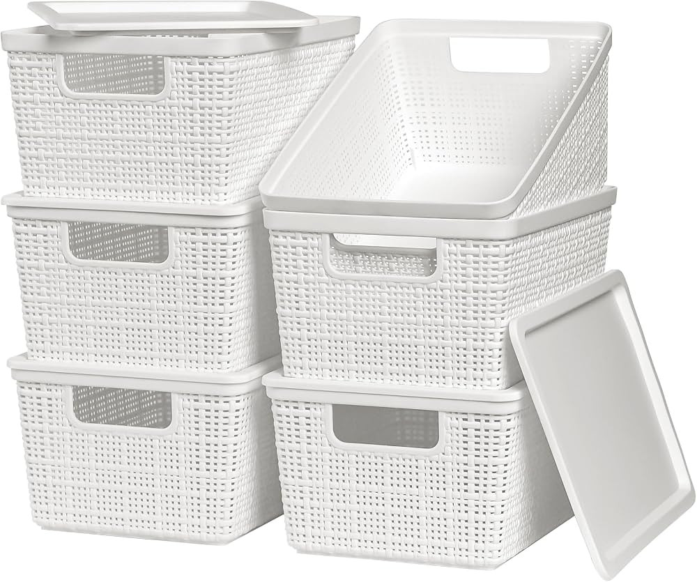 WRRLORS 6 Pack Plastic Storage Baskets With Lids,White Breathable Stackable Storage Bins,Small St... | Amazon (CA)