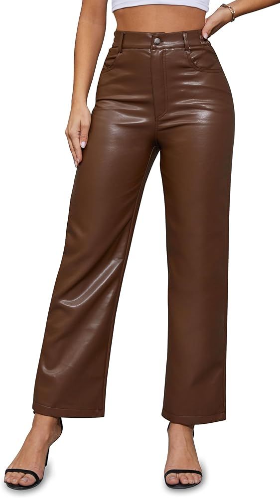 DALLNS Women Black Faux Leather High Waisted Straight Leg Vegan Matte Leather Business Pant Trous... | Amazon (US)