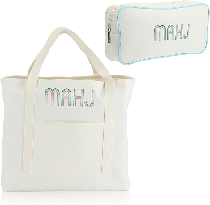 2 Pcs Embroidered Mahjong Canvas Tote (large & Extra Large) Empty Tiles Tote Embroidered Tile Bag... | Amazon (US)