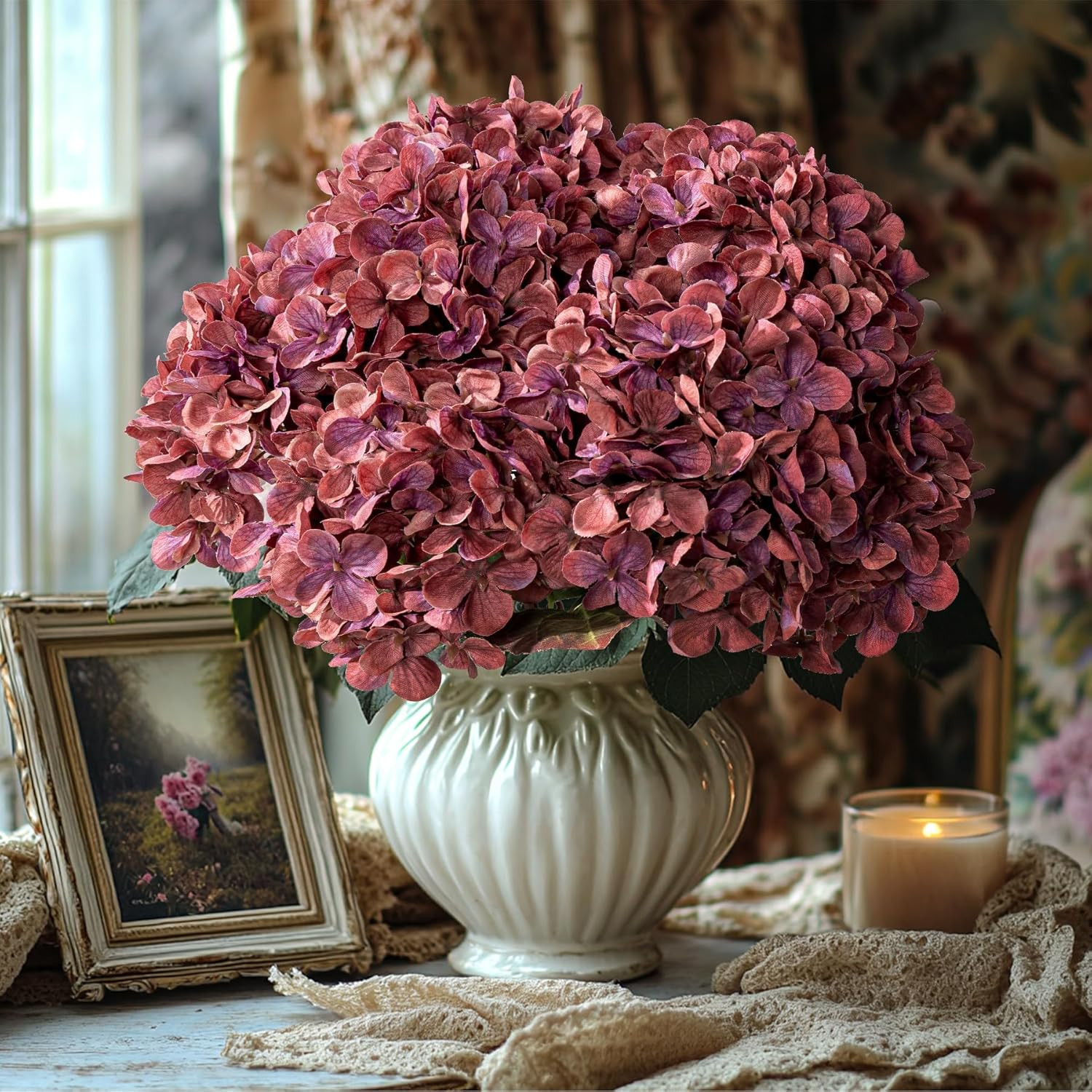 Artificial Flower Fake Silk Hydrangea Heads Bouquet with Stems Bulk for Fall Decoration Table Center Christmas Indoor Outdoor Faux Floral Realistic with Leaves Plants Crafts 8PCS(Rose red) | Amazon (US)