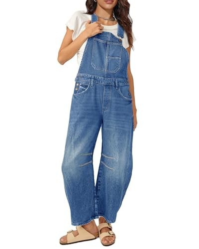 MAOECO Barrel Overalls Denim Jumpsuits for Women Casual Loose Baggy Jeans Pants Sleeveless Bib Summer Fall Y2k Jumpers with Pockets Dark Blue XXL | Amazon (US)