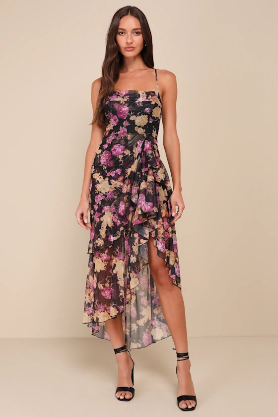 Undeniably Gorgeous Black Floral Ruffled Lace-Up High-Low Dress | Lulus