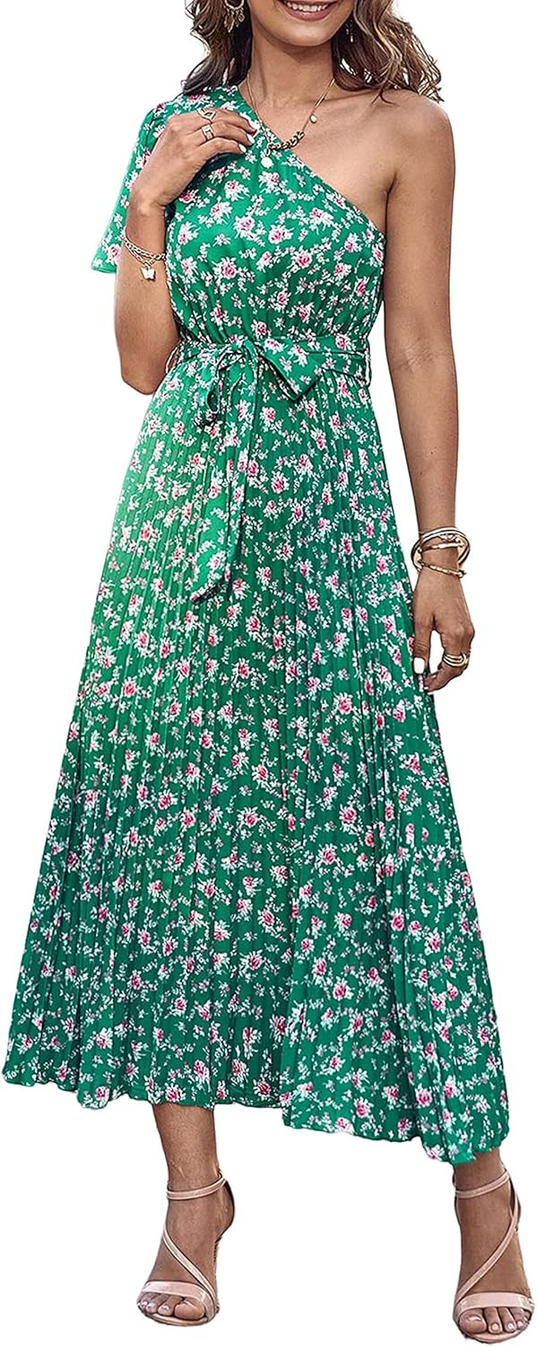 MASCOMODA Women One Shoulder Pleated Maxi Dress Summer Floral Boho Dress Short Sleeve Tie Waist A... | Amazon (US)