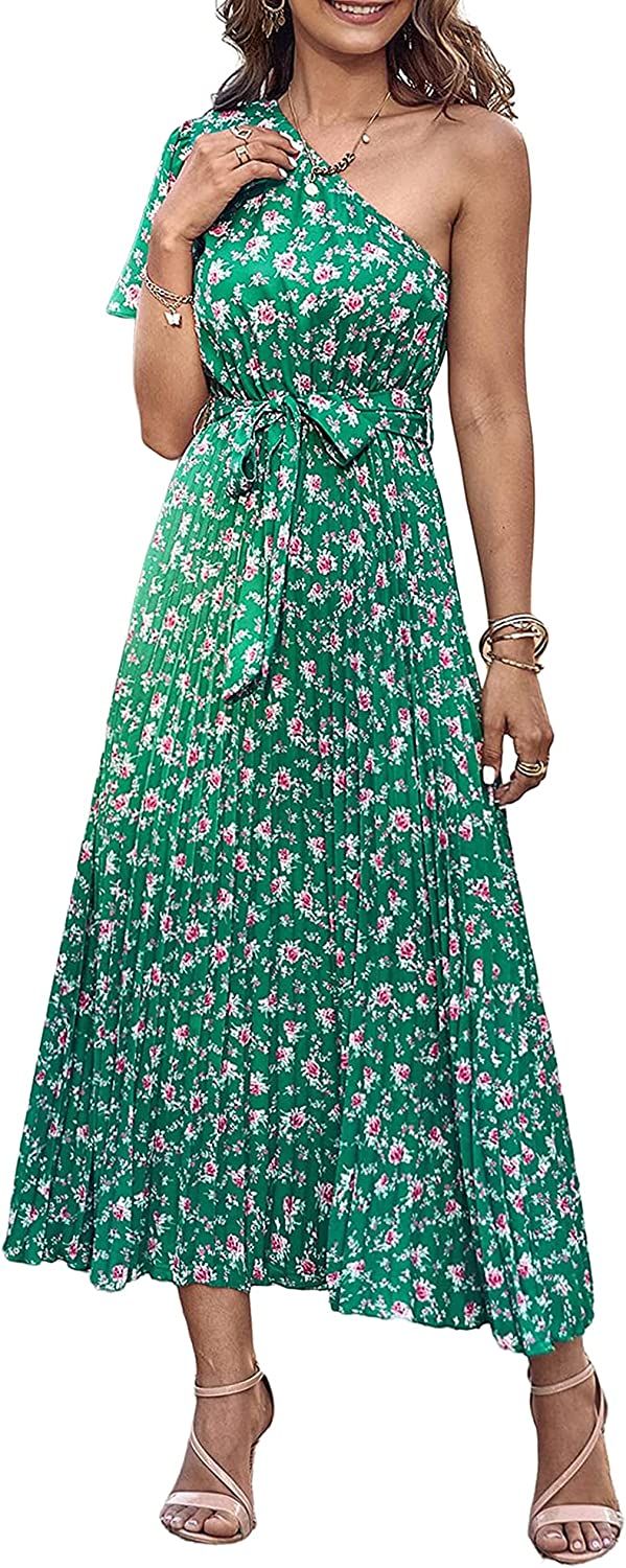 MASCOMODA Women One Shoulder Pleated Maxi Dress Summer Floral Boho Dress Short Sleeve Tie Waist A... | Amazon (US)