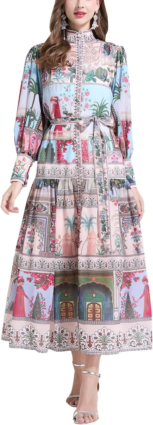 Women's Puff Sleeves High Collar Floral Dress Elegant Button Up Casual A Line Maxi Dresses with B... | Amazon (US)