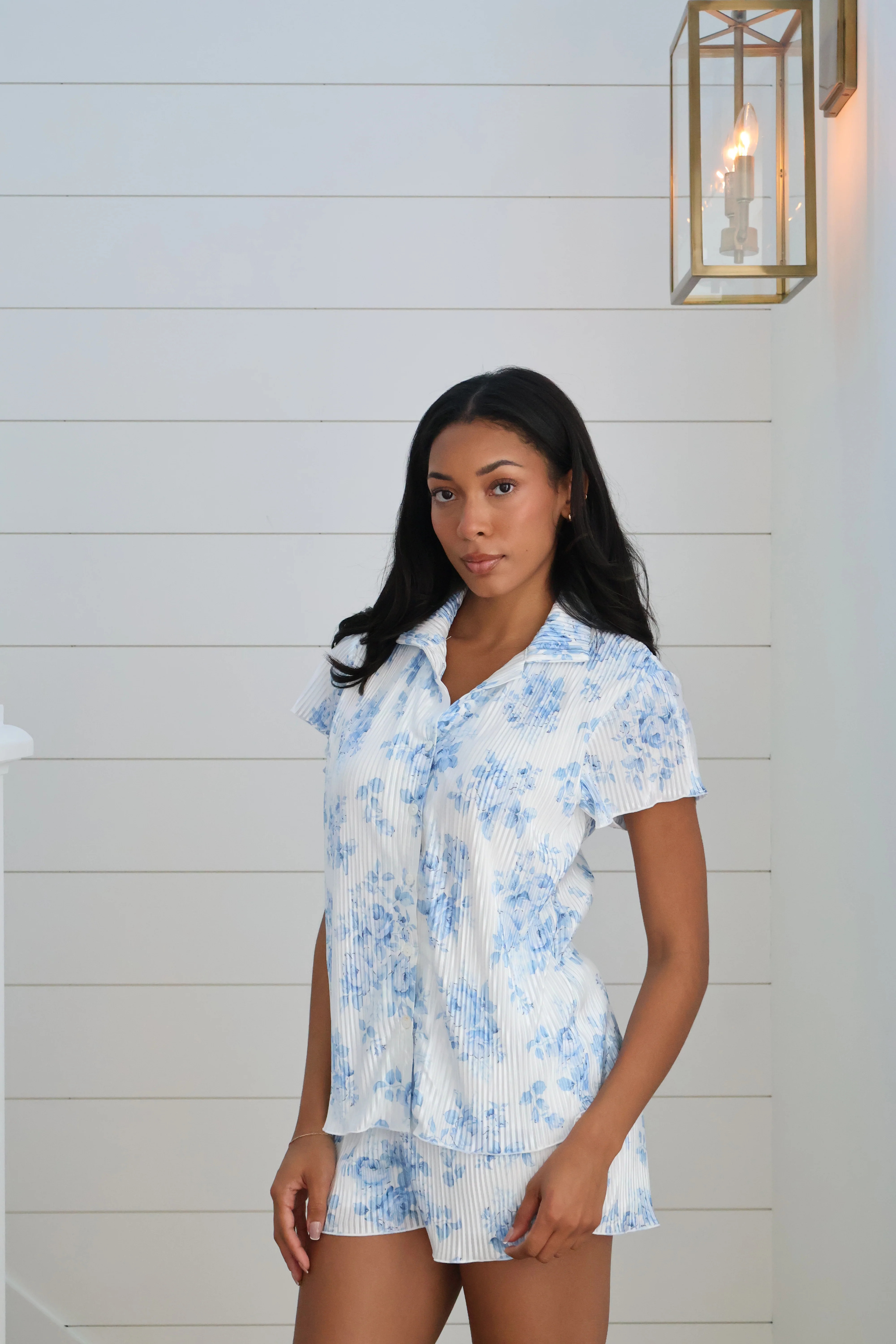 Pleated Short Set in Blue Floral | waverles